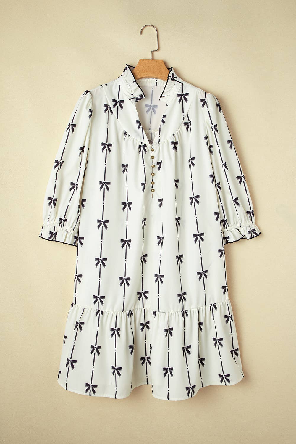 Bow Print Puff Sleeve Ruffled Mini Dress | Plus Size 1X-3X