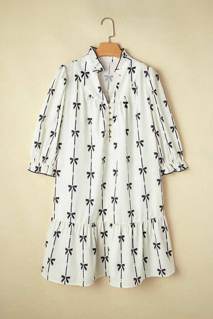 Bow Print Puff Sleeve Ruffled Mini Dress | Plus Size 1X-3X