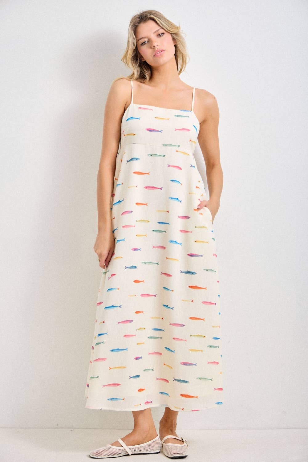 PLUS SIZE FISH PRINT SLEEVELESS MIDI DRESS
