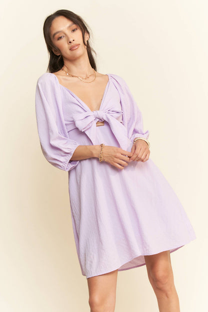 SELF-TIE PUFF SLEEVE SMOCKING OPEN BACK MINI DRESS
