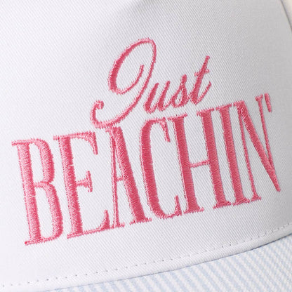 JUST BEACHIN' Embroidered Stripe Brim Trucker Hat