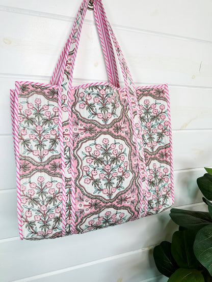 Quilted Tote Bag | Large Shoulder Bag | Pink Petals Print