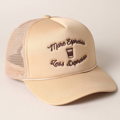 More Espresso Less Depresso Embroidery Trucker Hat