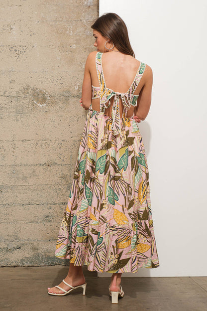34963D - Embroidered Edge Tie Back Tropical Maxi Dress