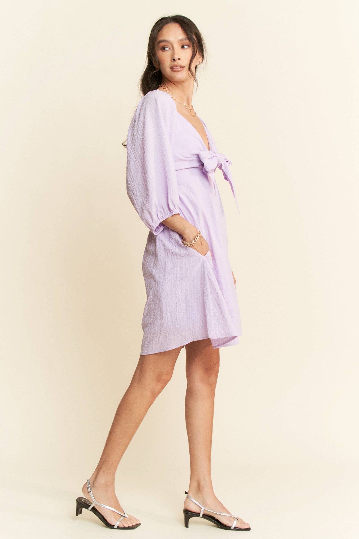 SELF-TIE PUFF SLEEVE SMOCKING OPEN BACK MINI DRESS