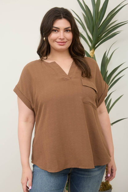PLUS SPLIT NECK BACK BUTTON SHORT FOLD SLEEVE TOP