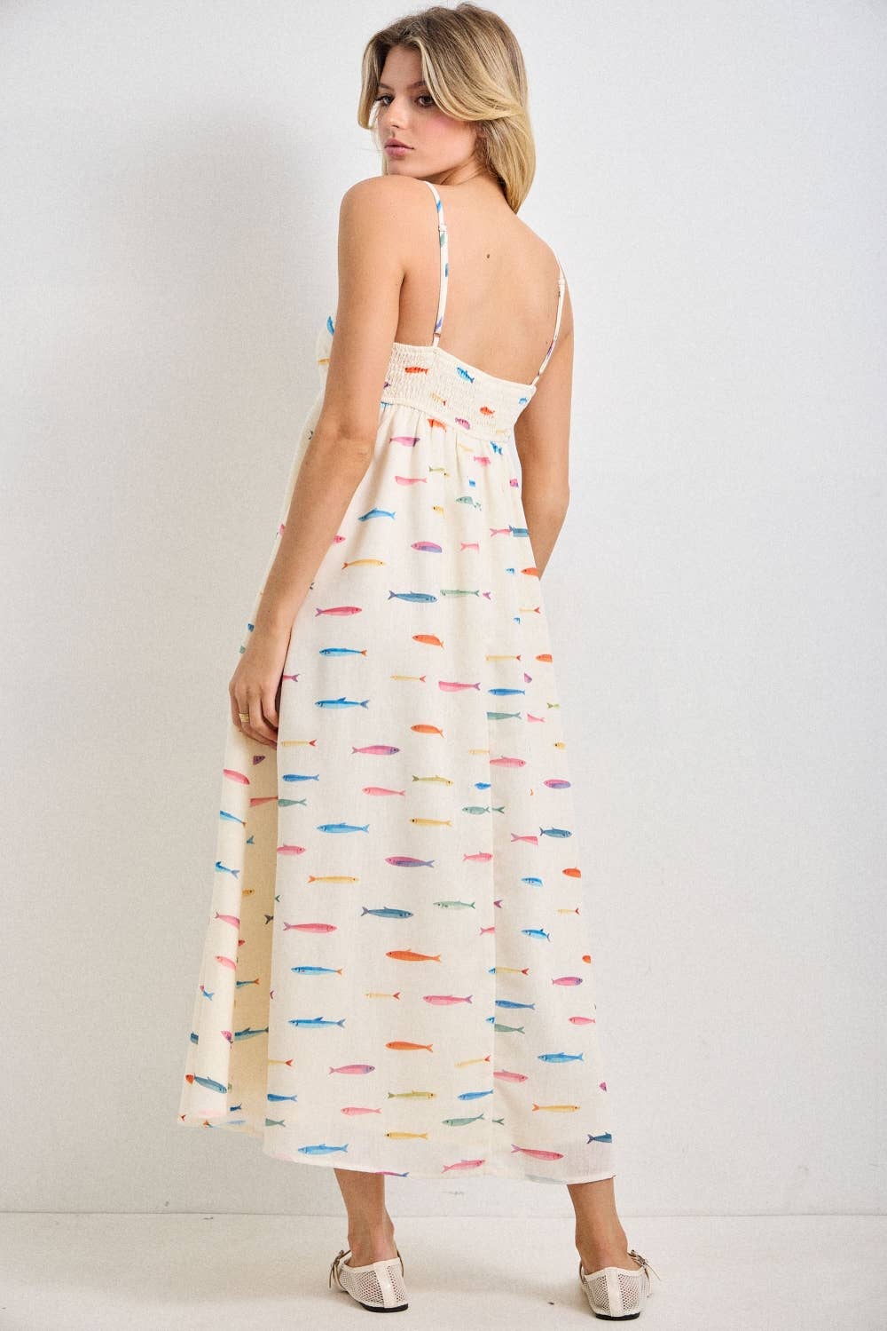 PLUS SIZE FISH PRINT SLEEVELESS MIDI DRESS