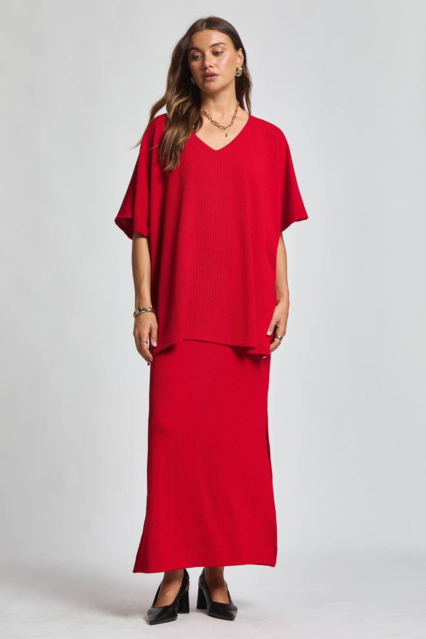 Flowy Poncho Style Top + Maxi Dress 2 Piece Set