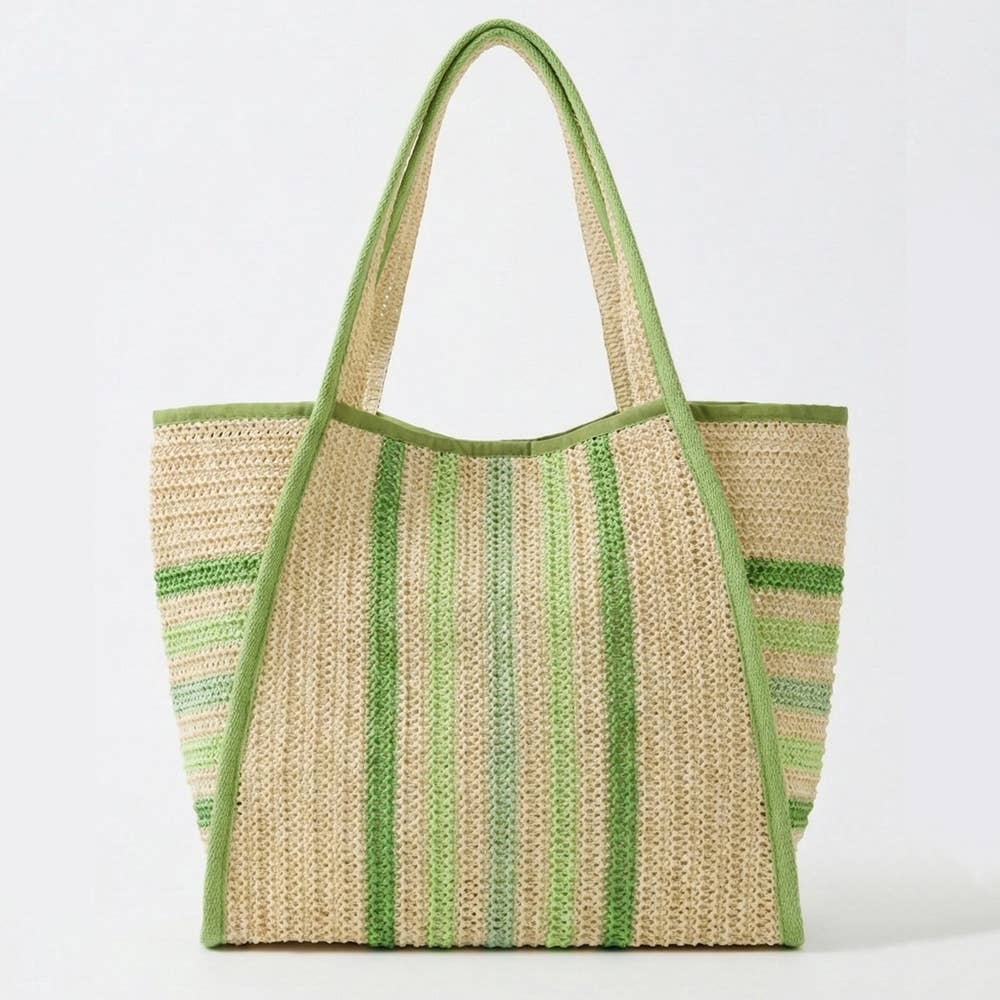 Oversized Striped Straw Braided Tote Bag