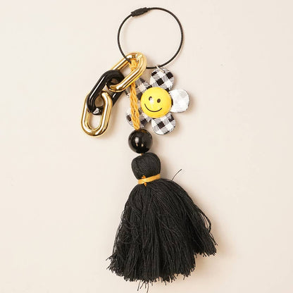 Happy Face Gingham Flower Tassel Keyring Bag Charm
