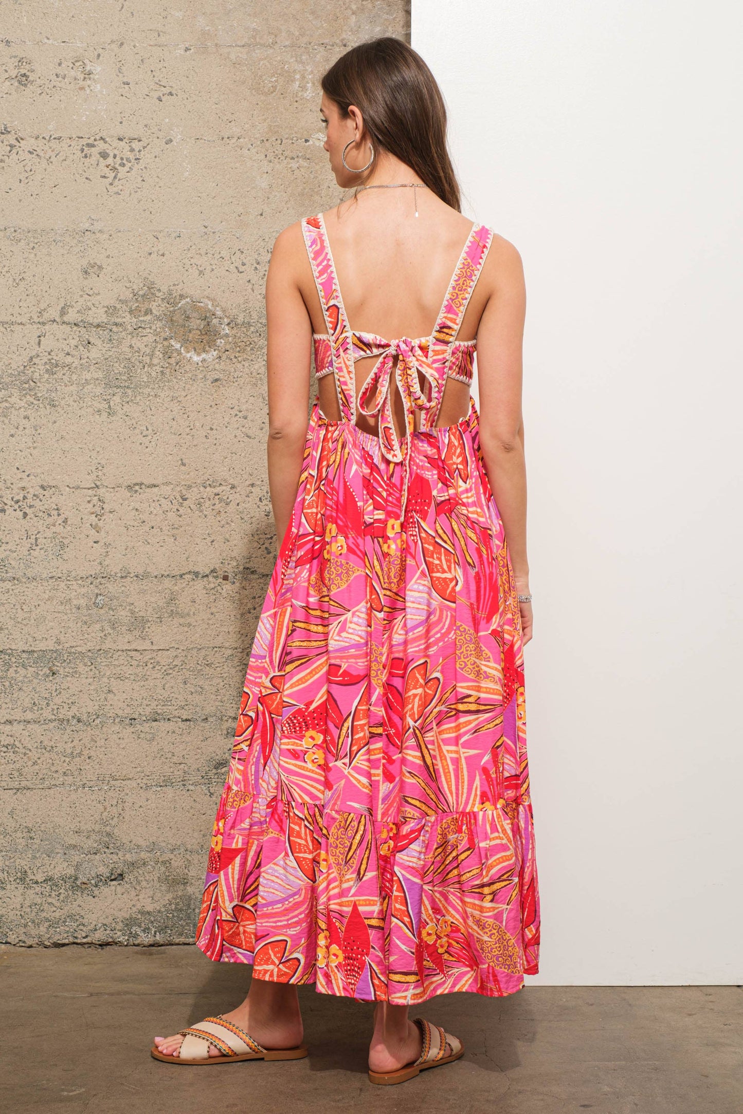 34963D - Embroidered Edge Tie Back Tropical Maxi Dress
