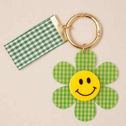 Happy Face Gingham Flower Bow Keychain Bag Charm