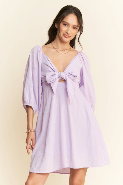 SELF-TIE PUFF SLEEVE SMOCKING OPEN BACK MINI DRESS