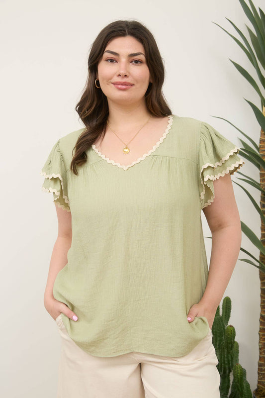 PLUS V NECK WAVY TRIM RUFFLE SLEEVE TOP