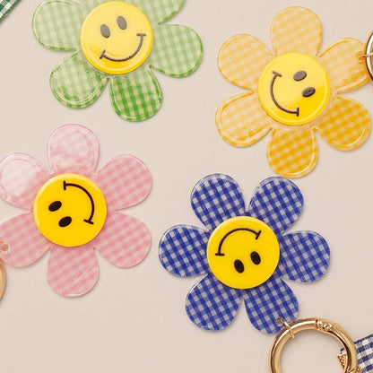 Happy Face Gingham Flower Bow Keychain Bag Charm