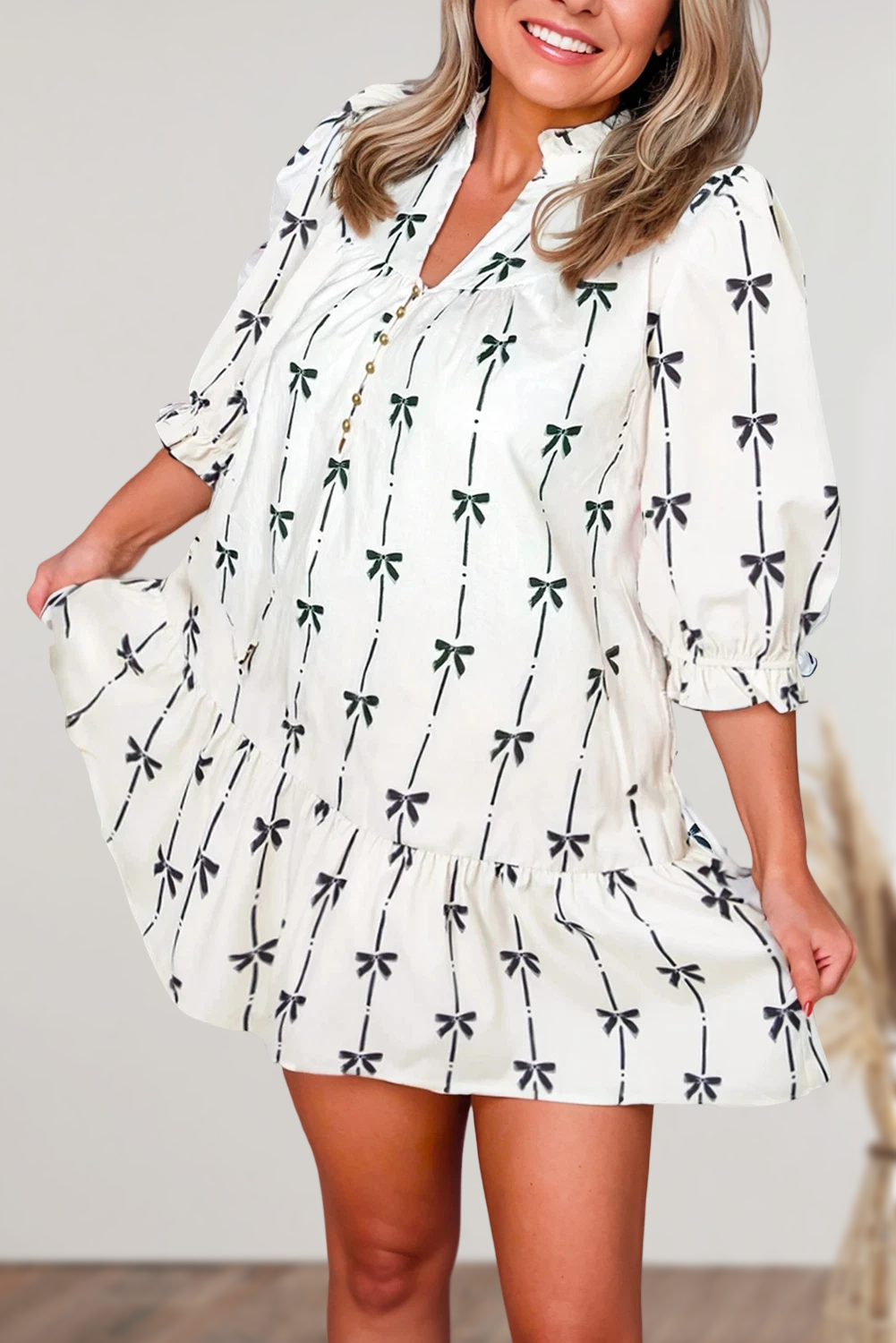 Bow Print Puff Sleeve Ruffled Mini Dress | Plus Size 1X-3X