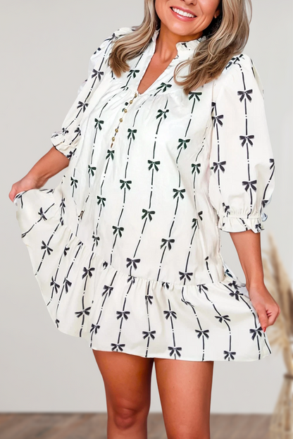 Bow Print Puff Sleeve Ruffled Mini Dress | Plus Size 1X-3X