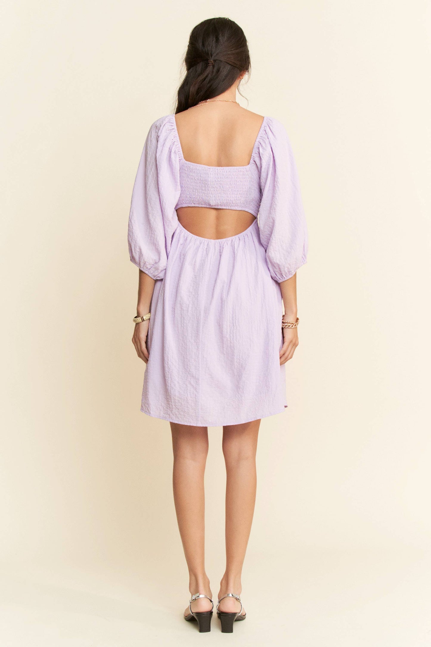 SELF-TIE PUFF SLEEVE SMOCKING OPEN BACK MINI DRESS