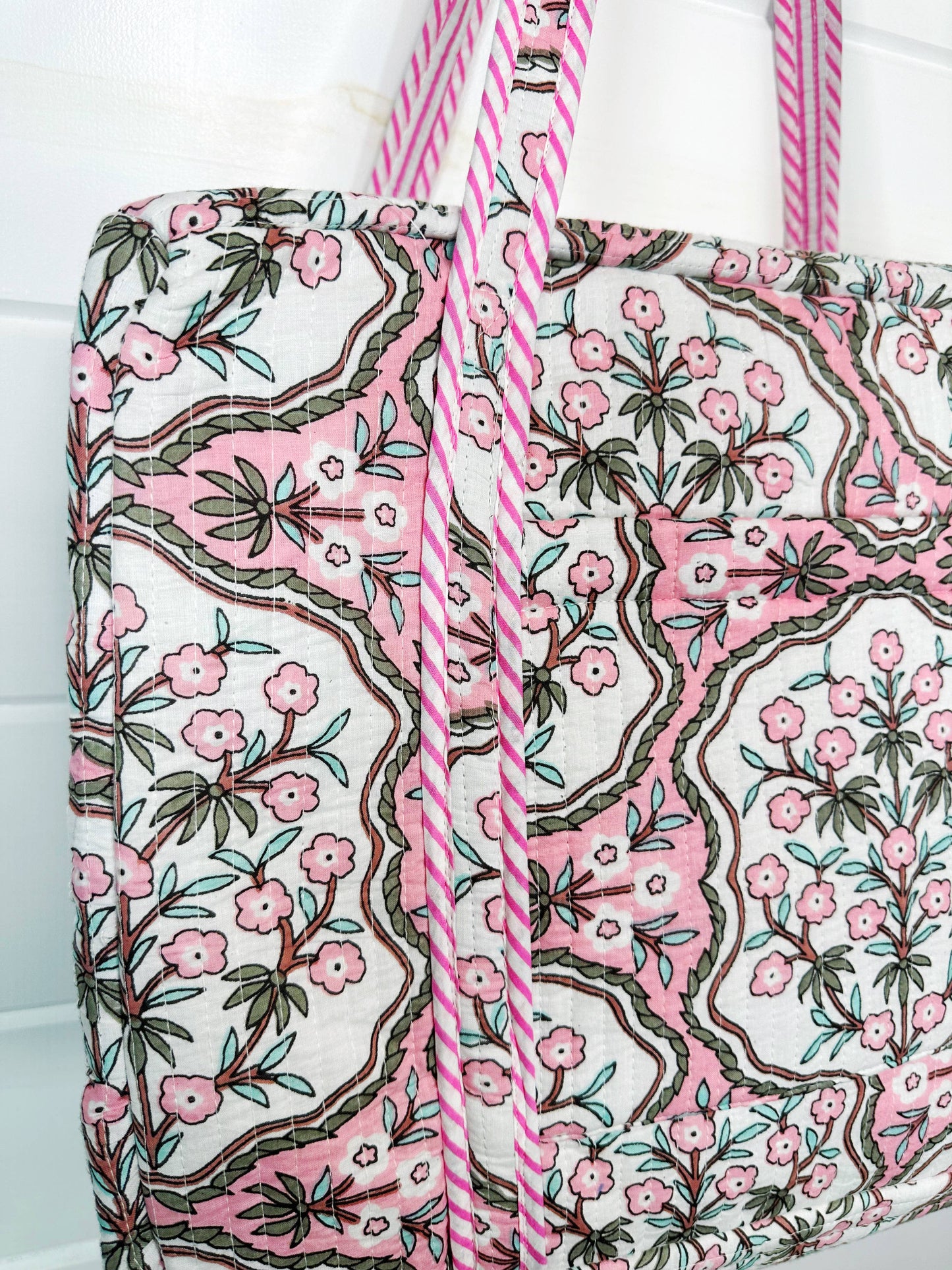Handmade Quilted Duffle Bag – Pink Petals Print Weekender