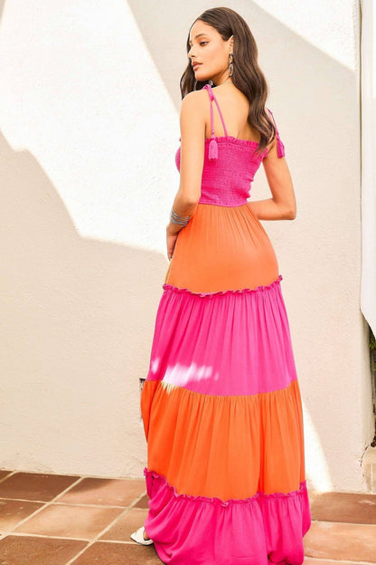 PLUS SIZE Color Block Tier Ruffle Solid Maxi Dress