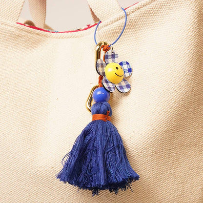 Happy Face Gingham Flower Tassel Keyring Bag Charm