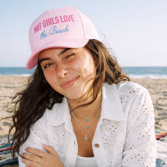 HOT GIRLS LOVE THE BEACH Embroidered Seersucker Trucker Hat