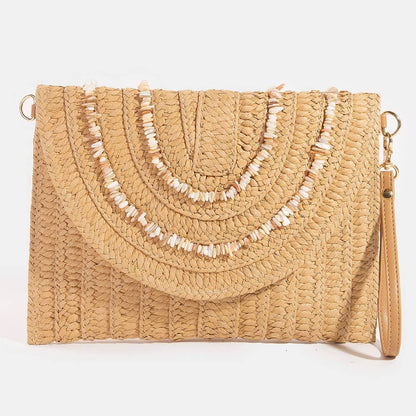 Shell Beaded Accent Paper Woven Envelope Clutch Bag