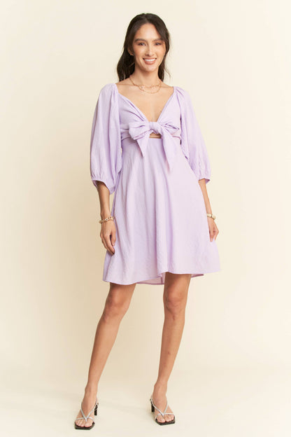 SELF-TIE PUFF SLEEVE SMOCKING OPEN BACK MINI DRESS