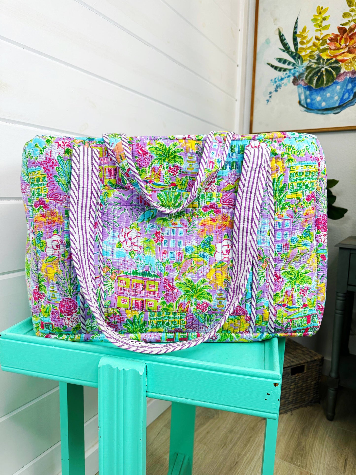Handmade Quilted Duffle Bag - Southern Town Print Weekender