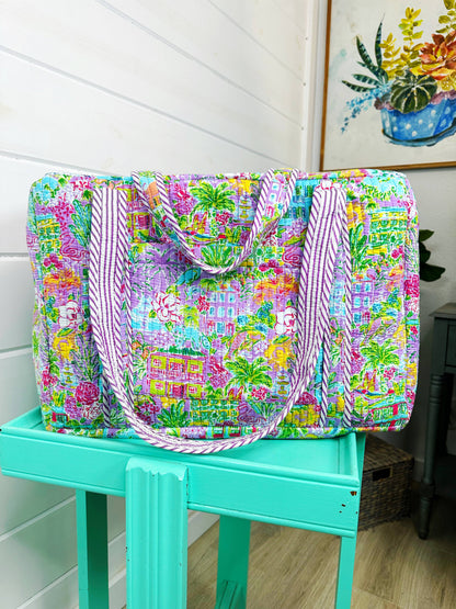 Handmade Quilted Duffle Bag - Southern Town Print Weekender