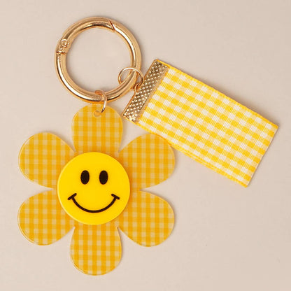 Happy Face Gingham Flower Bow Keychain Bag Charm