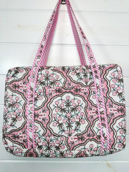 Handmade Quilted Duffle Bag – Pink Petals Print Weekender
