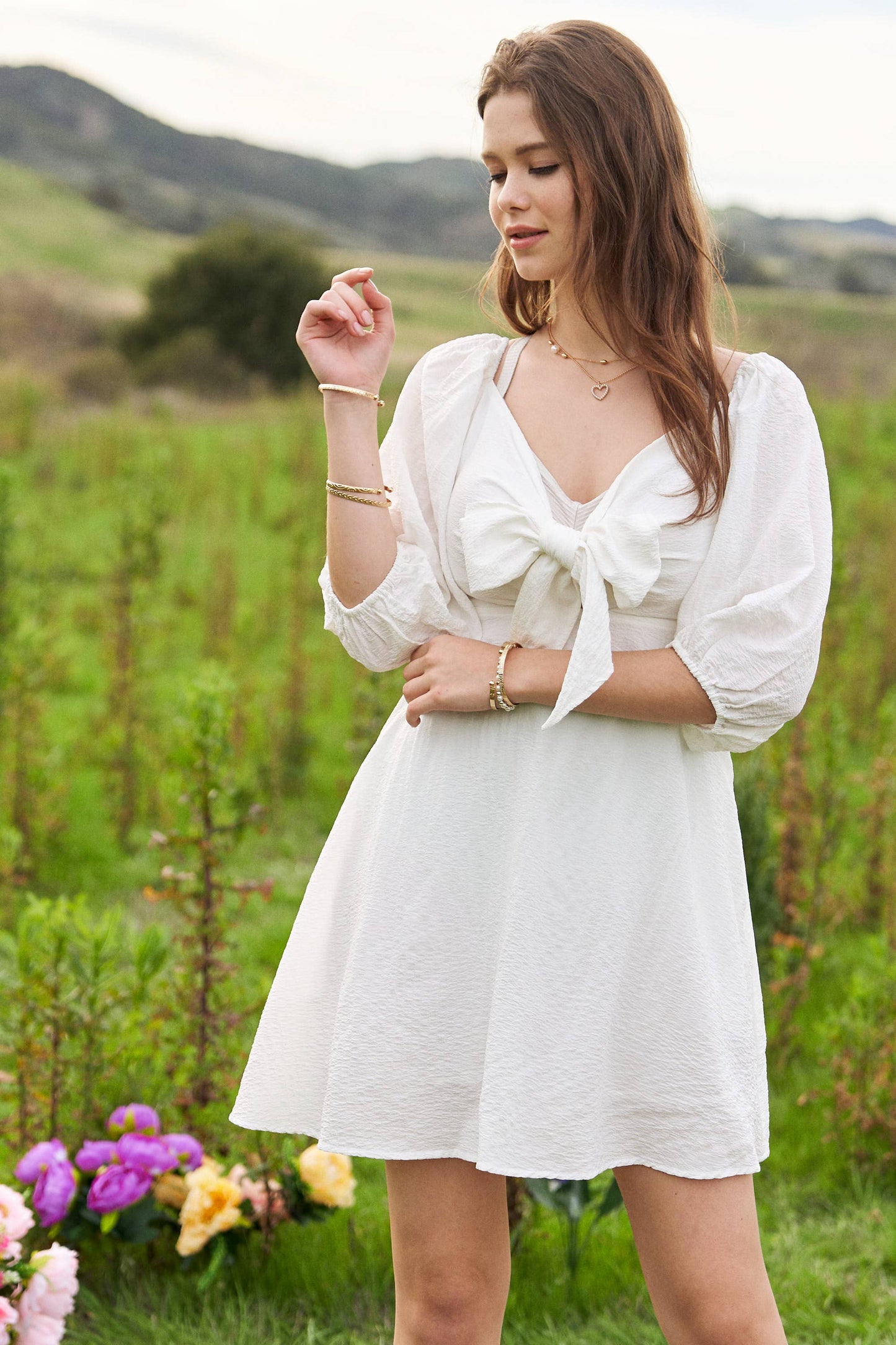 SELF-TIE PUFF SLEEVE SMOCKING OPEN BACK MINI DRESS