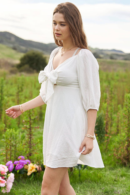SELF-TIE PUFF SLEEVE SMOCKING OPEN BACK MINI DRESS