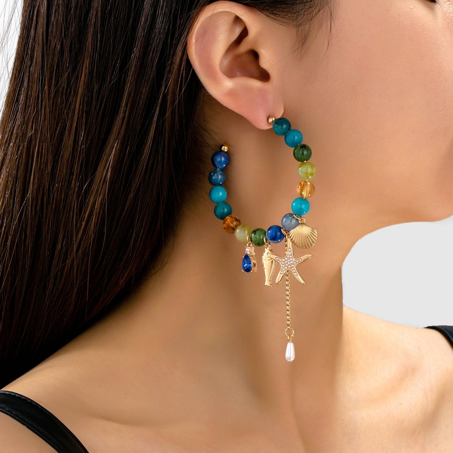 Ocean-Inspired Beaded Charm Hoop Earrings | 80E62144