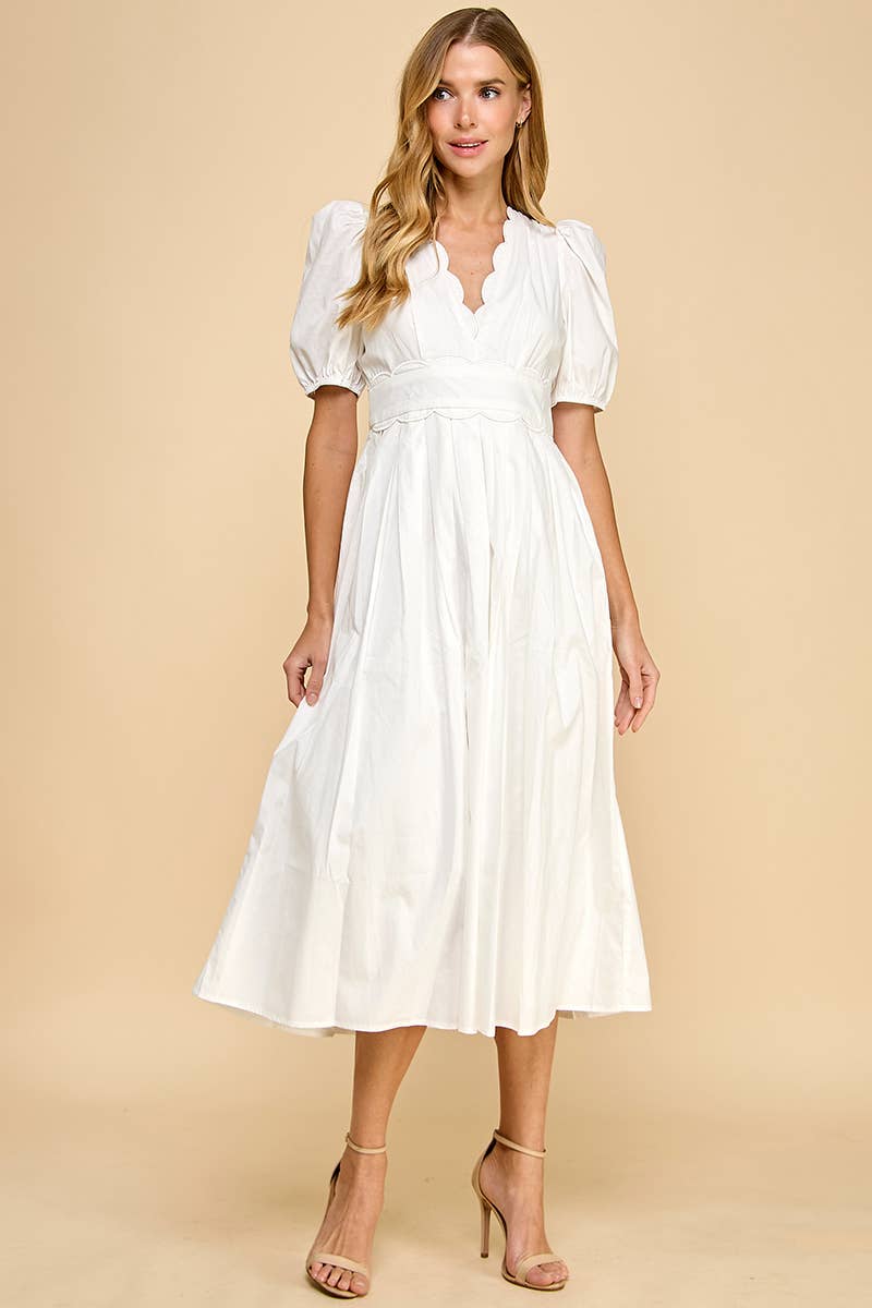 V Neckline Scalloped Detail Midi Dress