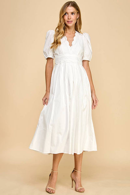 V Neckline Scalloped Detail Midi Dress