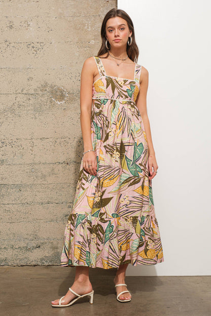 34963D - Embroidered Edge Tie Back Tropical Maxi Dress