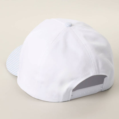 JUST BEACHIN' Embroidered Stripe Brim Trucker Hat