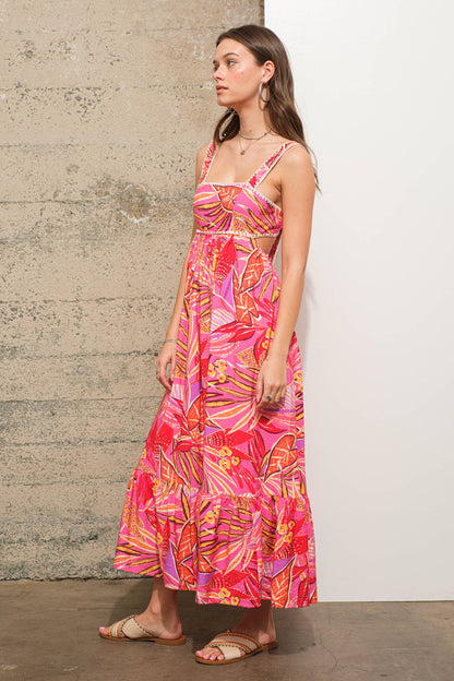 34963D - Embroidered Edge Tie Back Tropical Maxi Dress