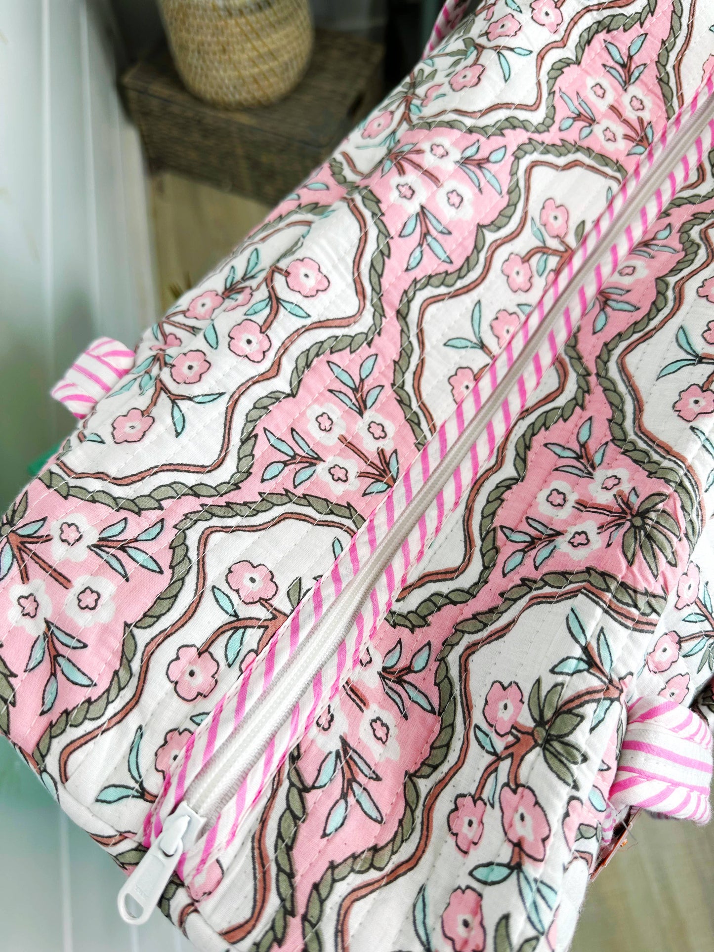 Handmade Quilted Duffle Bag – Pink Petals Print Weekender