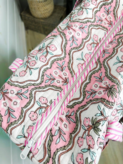 Handmade Quilted Duffle Bag – Pink Petals Print Weekender