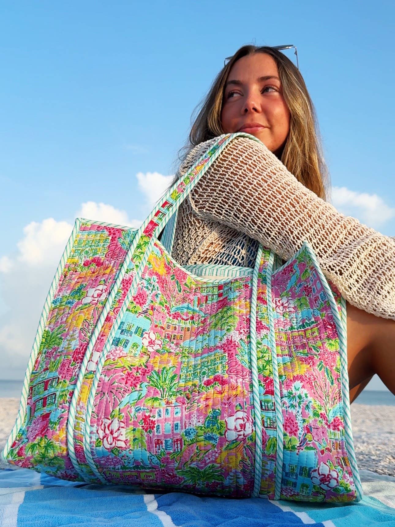 Quilted Tote Bag - Reversible Carryall - Southern Town Print