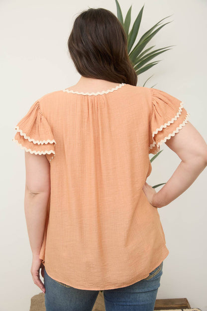 PLUS V NECK WAVY TRIM RUFFLE SLEEVE TOP