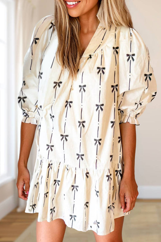 Cute Bowknot Print Puff Sleeve Mini Dress | S-XL