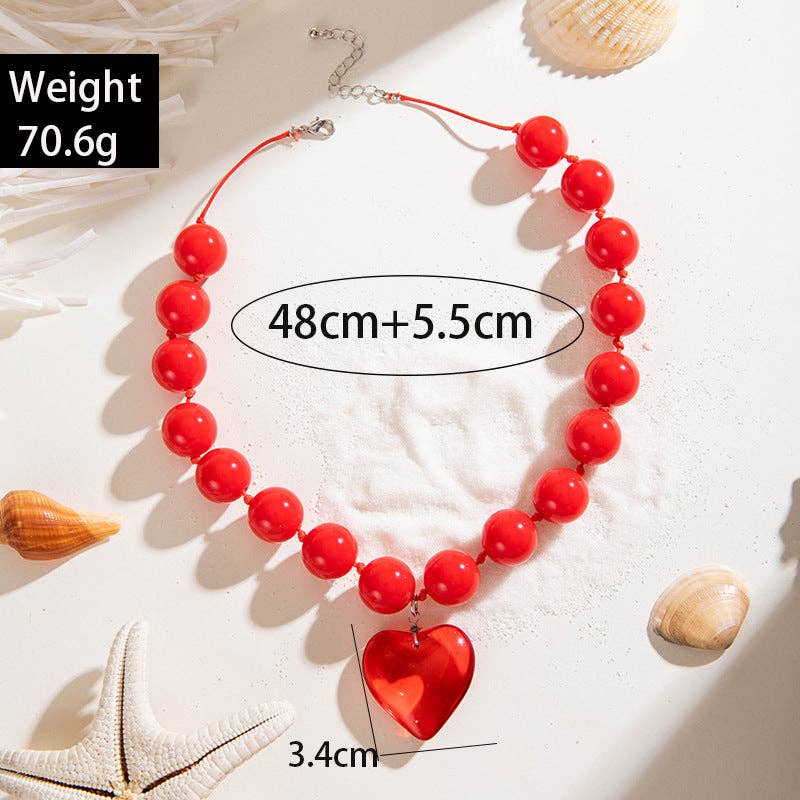 Personalized Chunky Bead Heart Pendant Necklace for Women