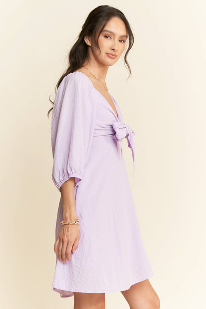 SELF-TIE PUFF SLEEVE SMOCKING OPEN BACK MINI DRESS