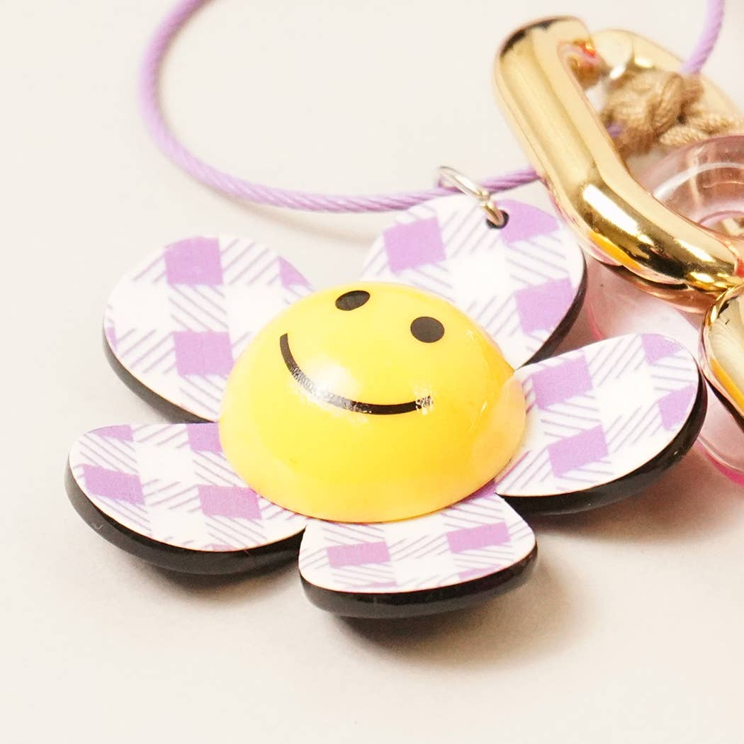 Happy Face Gingham Flower Tassel Keyring Bag Charm
