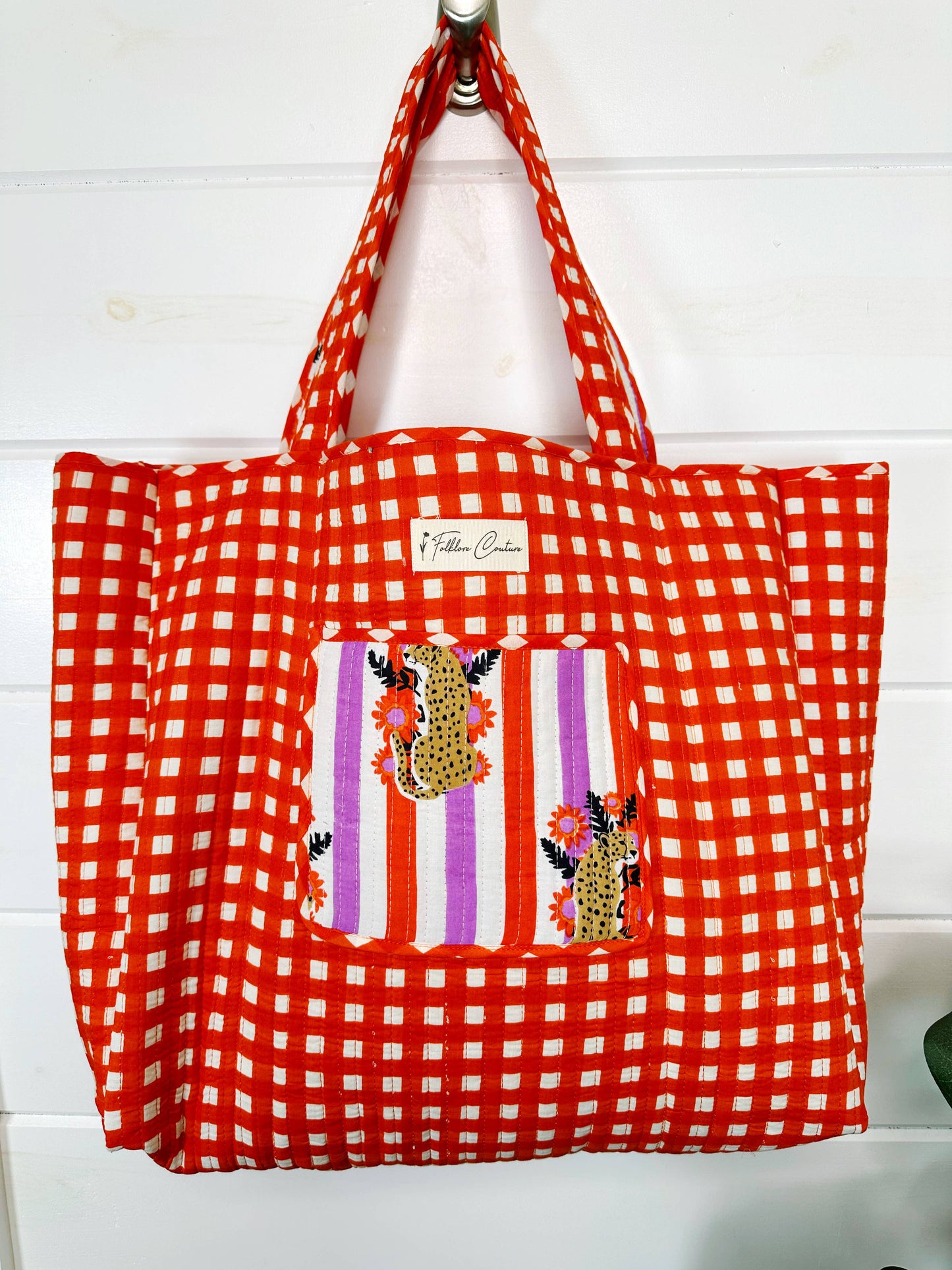 Striped Jaguar Large Quilted Tote Bag – Handmade, Reversible