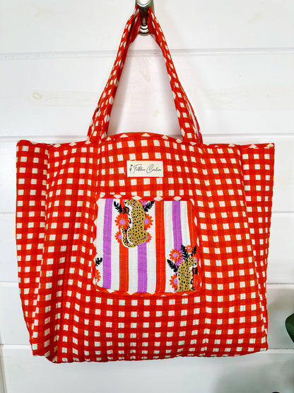 Striped Jaguar Large Quilted Tote Bag – Handmade, Reversible